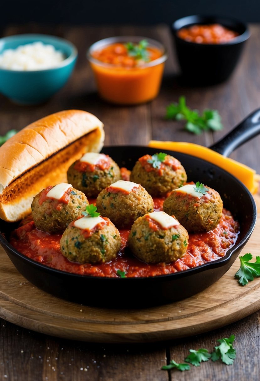 A sizzling skillet of plant-based meatballs, topped with marinara sauce and vegan cheese, nestled in a toasted sub roll