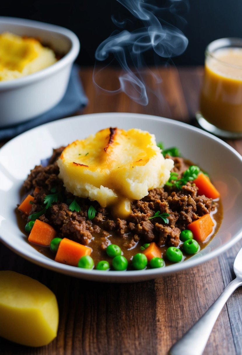 A steaming dish of vegan Shepherd's Pie, with golden mashed potato topping and a hearty filling of impossible ground beef, peas, carrots, and savory gravy