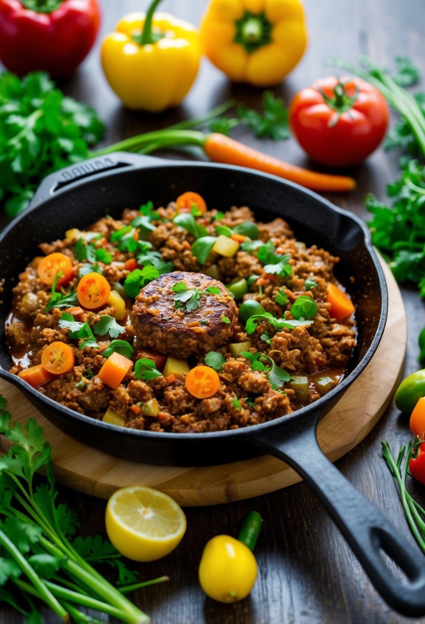 A sizzling skillet of vegan Sloppy Joes made with Impossible Burger, surrounded by colorful vegetables and herbs