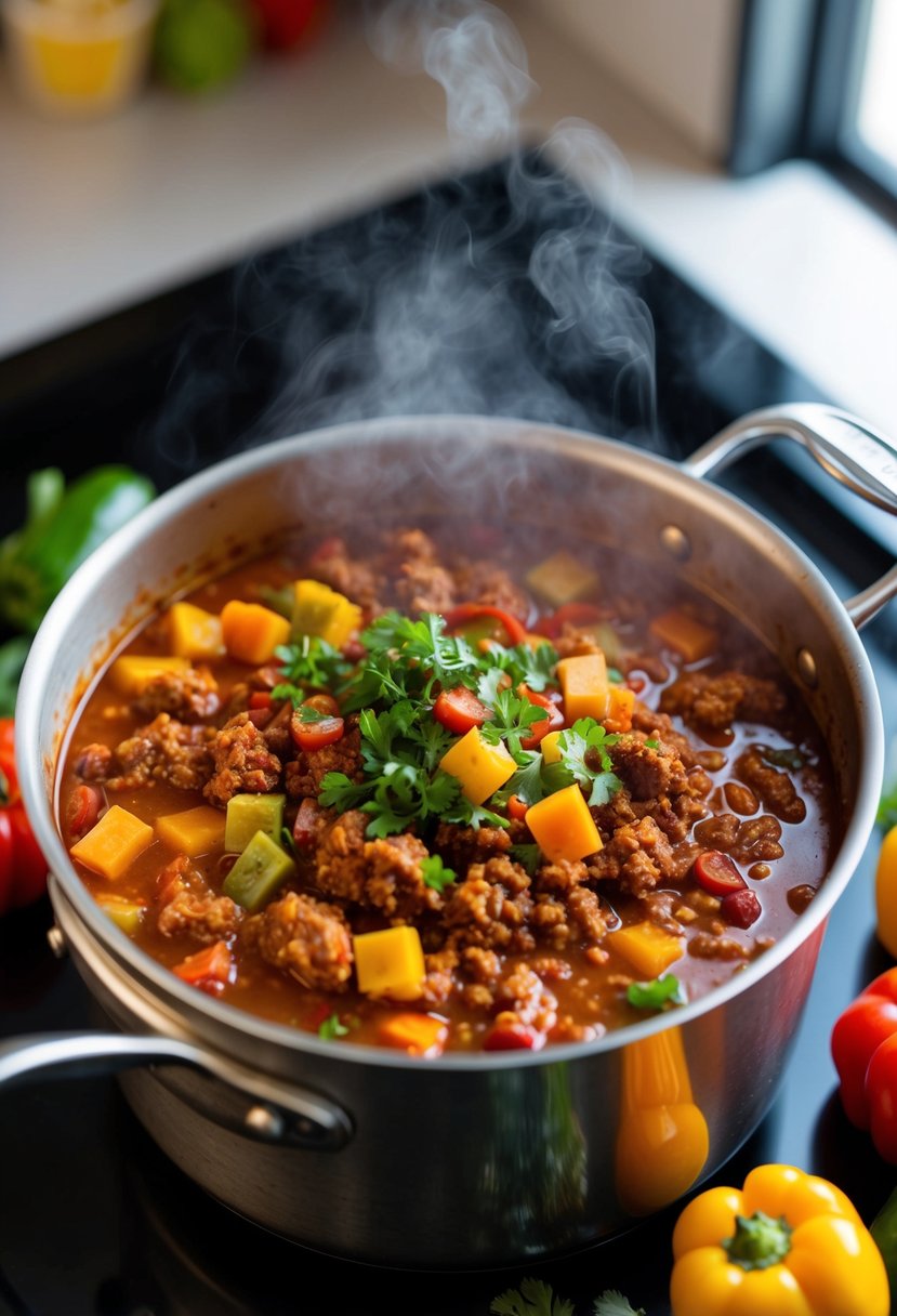 A steaming pot of vegan chili filled with Impossible Meat, surrounded by colorful vegetables and simmering on a stovetop