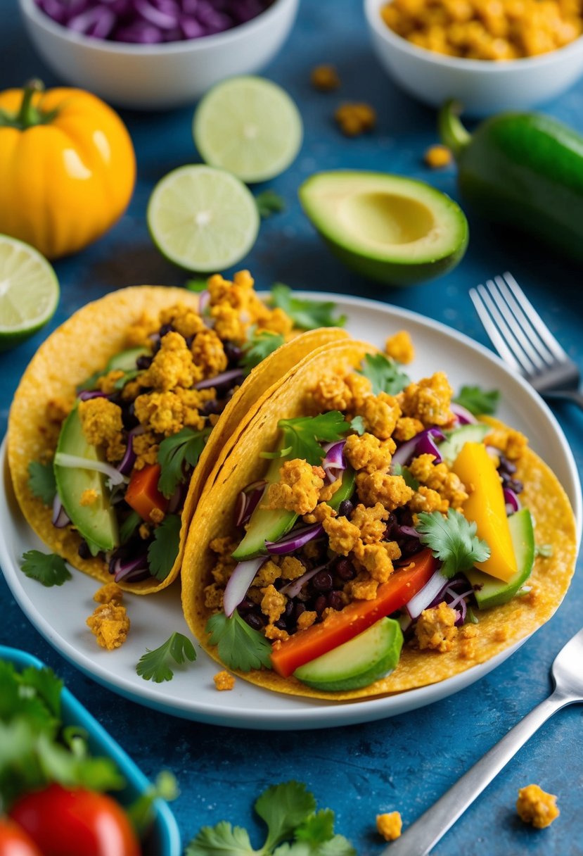 A colorful taco salad with vibrant vegetables and plant-based Impossible Crumbles scattered throughout