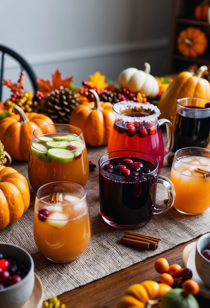 A table set with a variety of festive drinks, such as spiced apple cider, cranberry punch, and mulled wine, surrounded by autumn foliage and decorative gourds