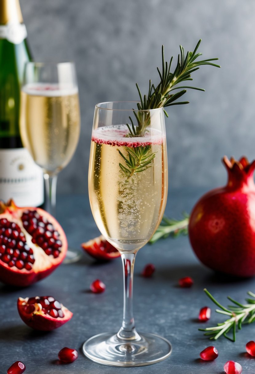 A glass filled with effervescent Pomegranate Champagne Cocktail, garnished with a sprig of rosemary and floating pomegranate seeds