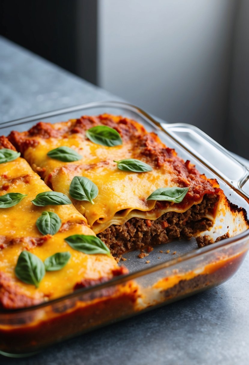 A bubbling vegan lasagna sits in a glass baking dish, layers of plant-based ground beef, tomato sauce, and dairy-free cheese visible