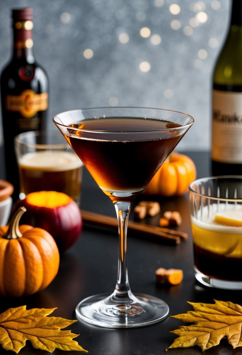 A glass filled with a Maple Perfect Manhattan cocktail surrounded by Thanksgiving recipe ingredients and drinks