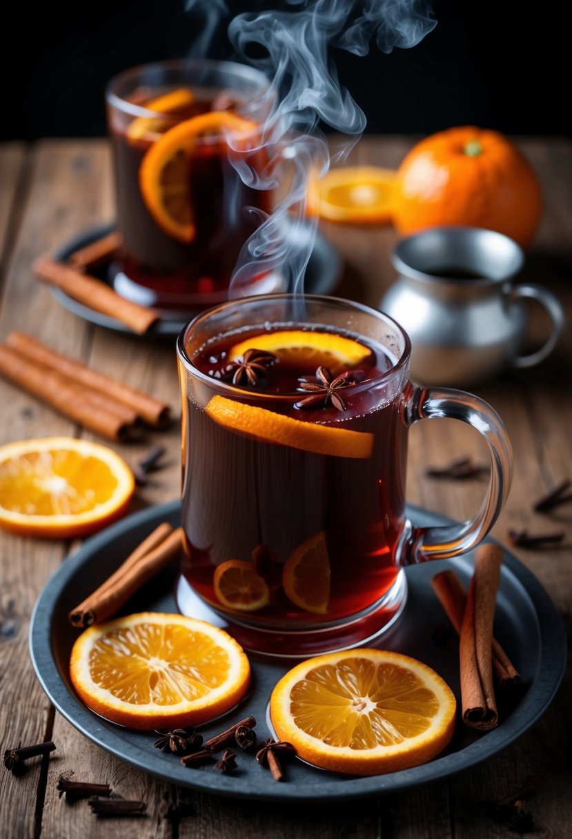 A steaming mug of hot mulled cider surrounded by cinnamon sticks, cloves, and orange slices on a rustic wooden table