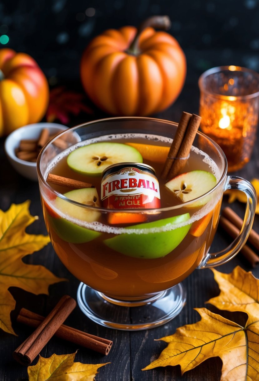 A festive punch bowl filled with apple cider and Fireball, surrounded by autumn leaves and cinnamon sticks