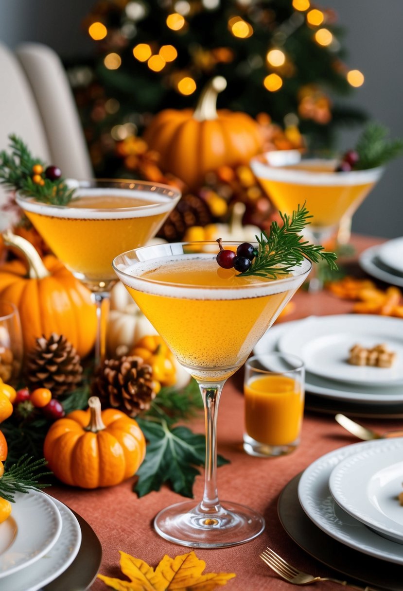 A festive table setting with a sparkling Kir Royale cocktail, surrounded by autumn decorations and Thanksgiving dinner dishes