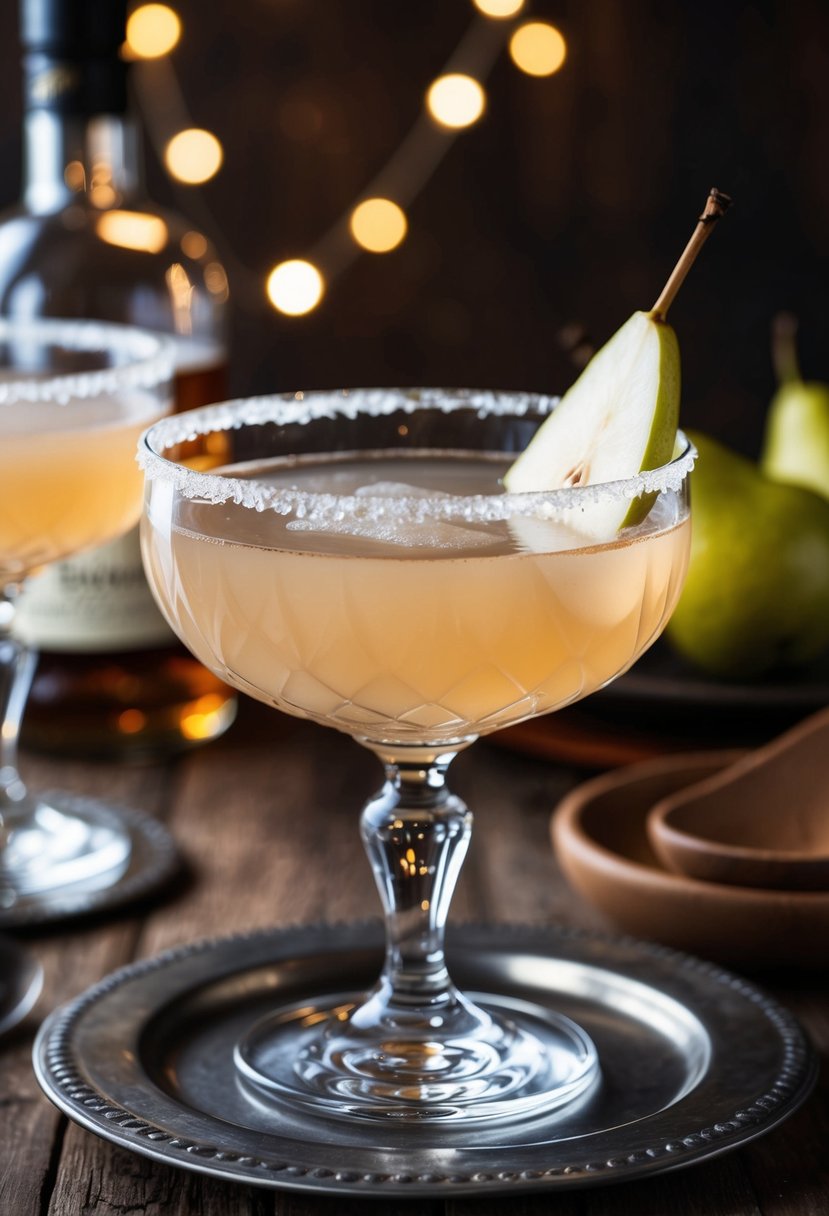 A crystal glass filled with Perfect Pear Brandy Sidecar cocktail, garnished with a slice of pear and a sugared rim, set on a rustic Thanksgiving table