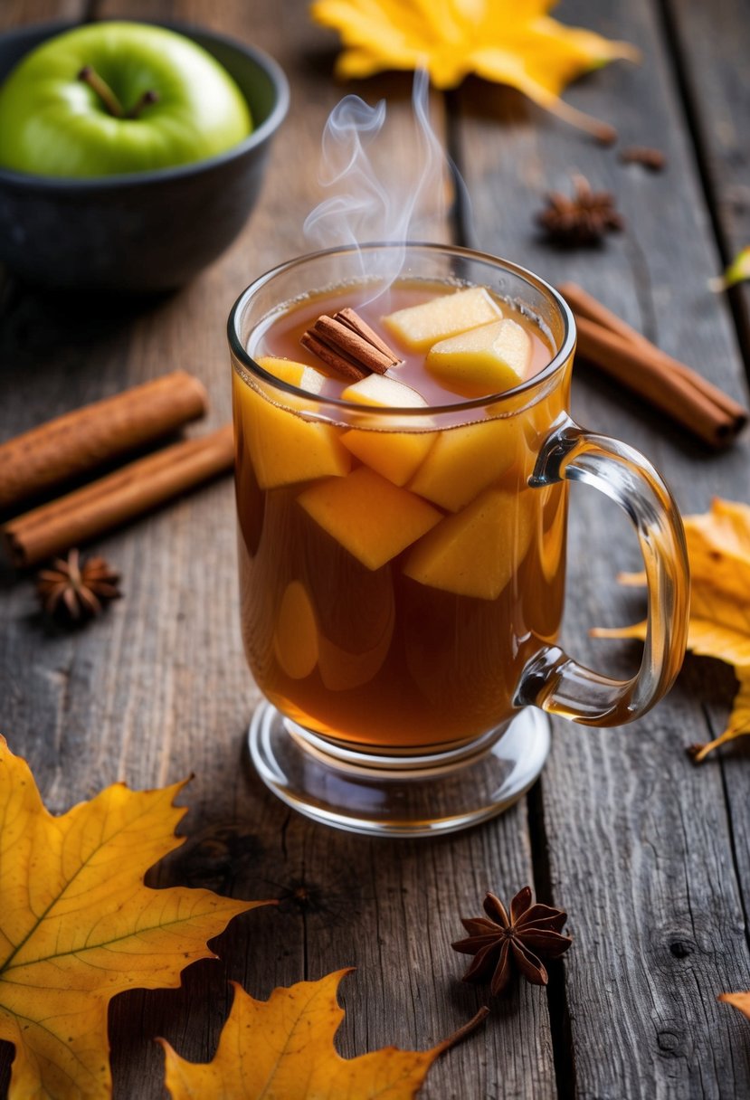 Steaming mug of hot cinnamon apple brandy cider on a rustic wooden table with autumn leaves scattered around