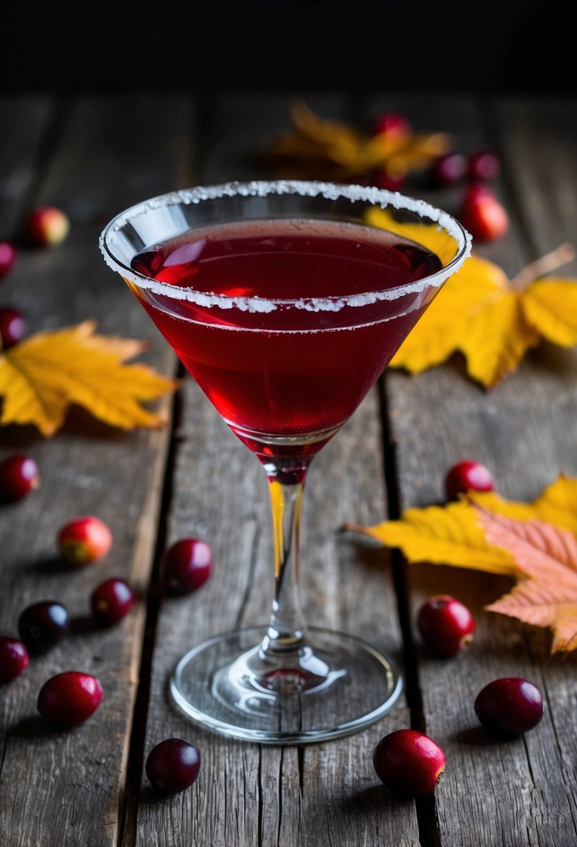 A festive cranberry martini sits on a rustic wooden table surrounded by autumn leaves and a scattering of fresh cranberries