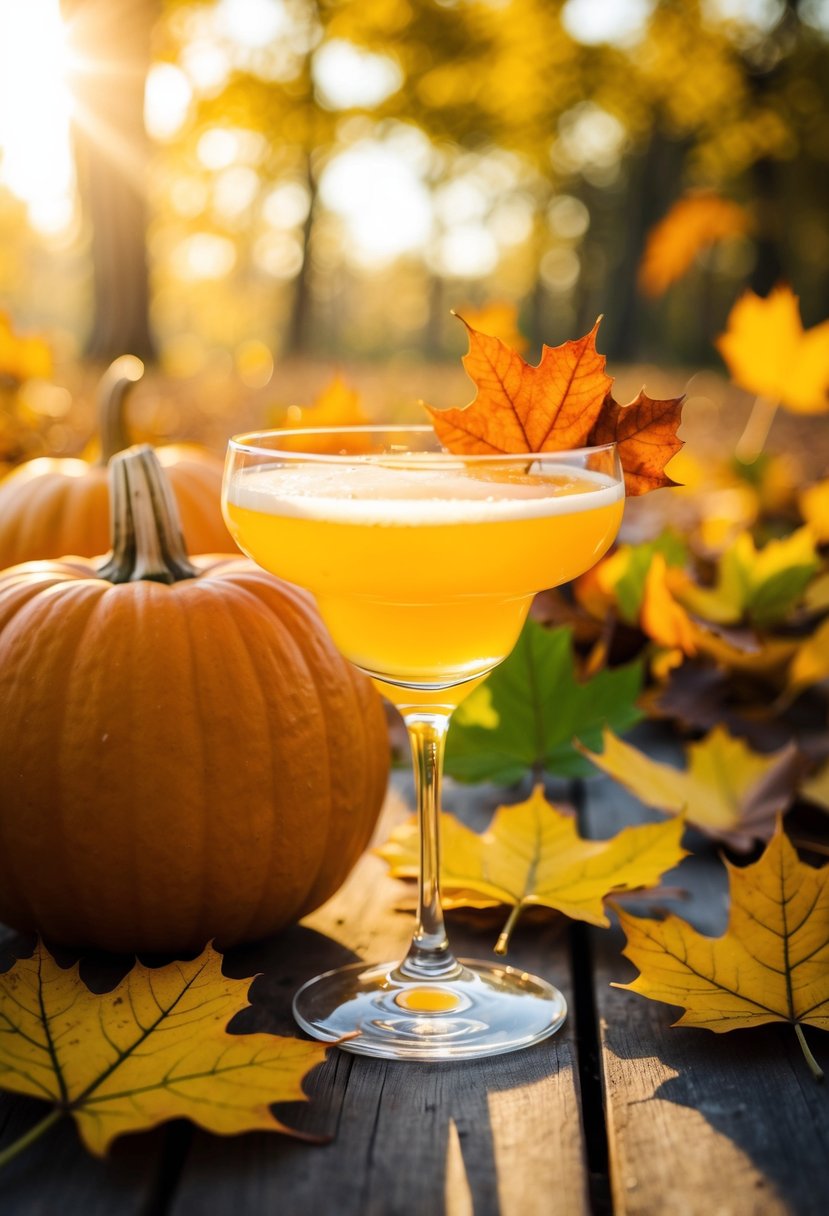 A glass of Autumn Sunshine Cocktail surrounded by fall leaves and a pumpkin, with a warm, golden sunlight shining through