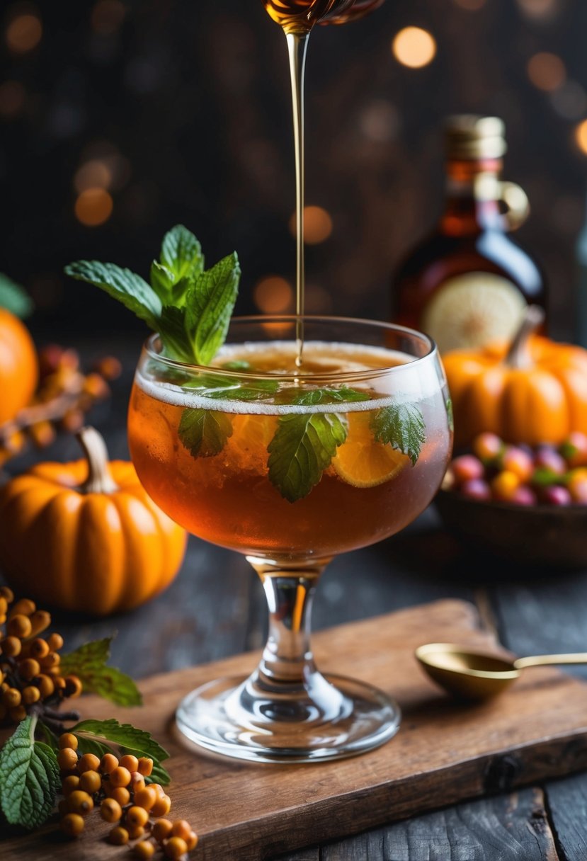 A glass filled with Bourbon Smash cocktail, garnished with mint and drizzled with maple syrup, set on a rustic Thanksgiving table