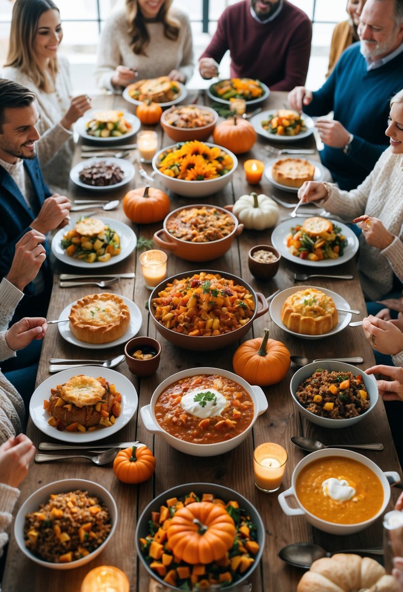 A table filled with an assortment of warm, comforting fall dishes, surrounded by friends and family enjoying a potluck gathering