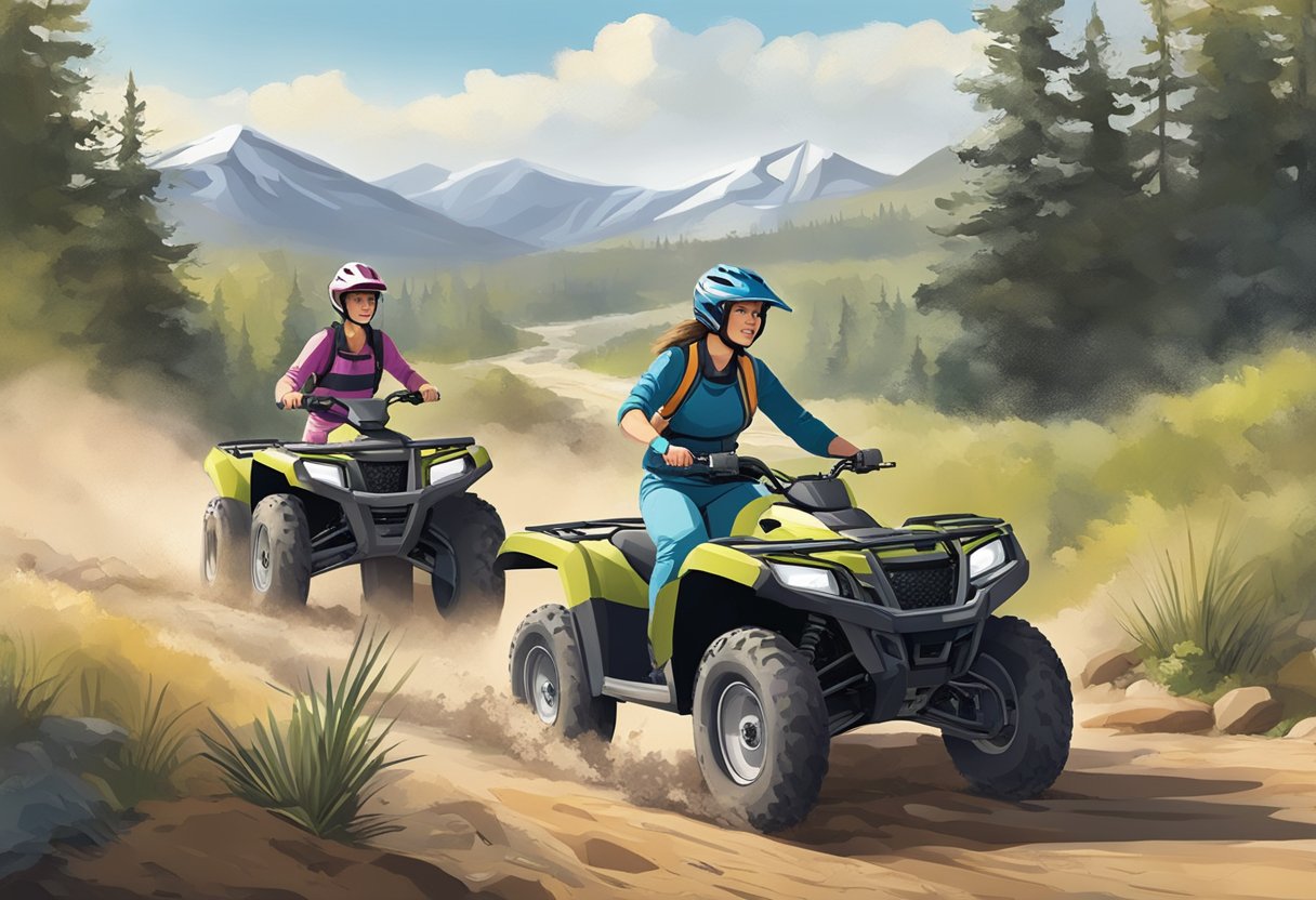 A female ATV rider confidently navigates rough terrain, while another woman expertly handles a side-by-side vehicle