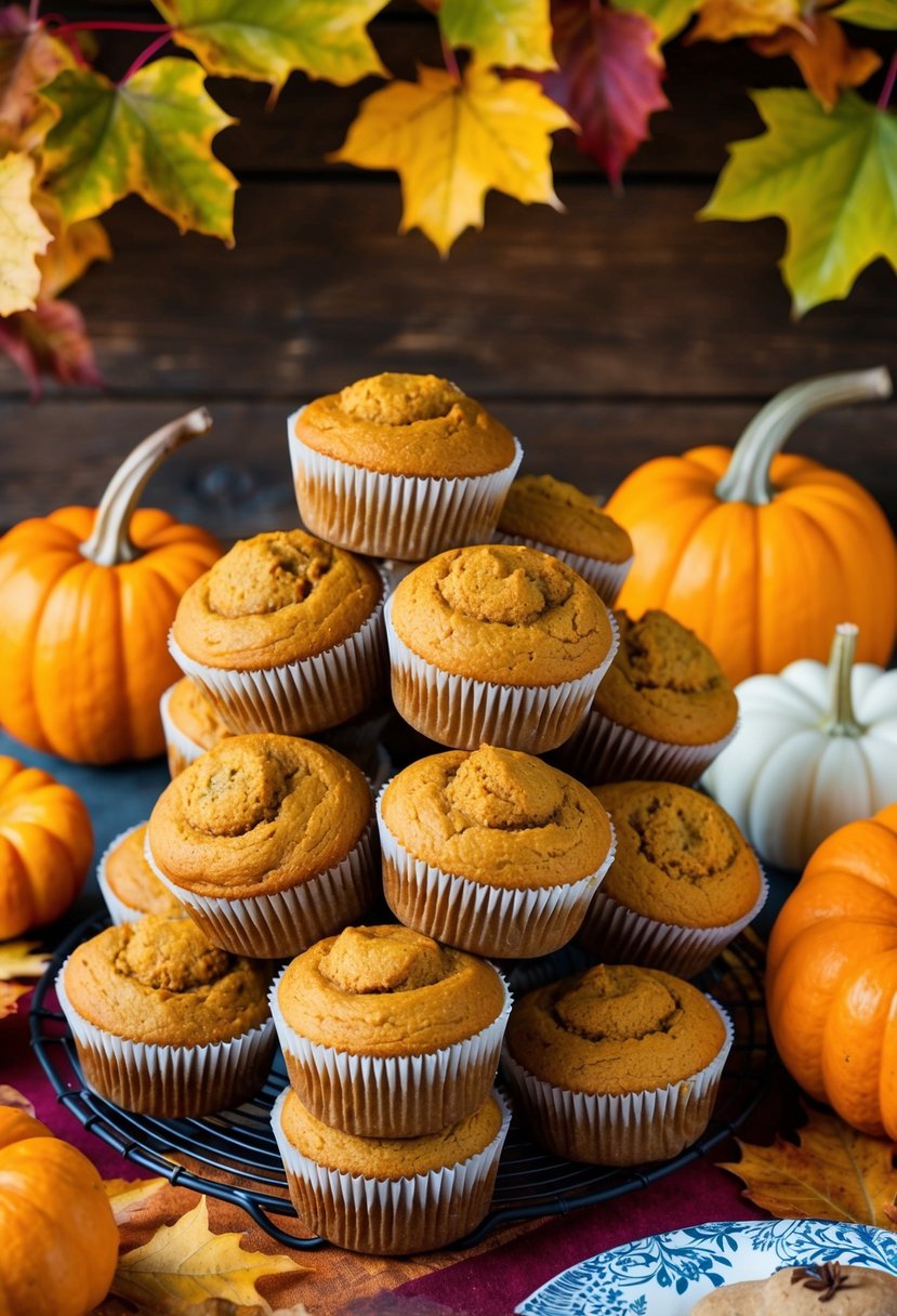 A table filled with pumpkin spice muffins, surrounded by fall leaves and warm colors, ready for a potluck