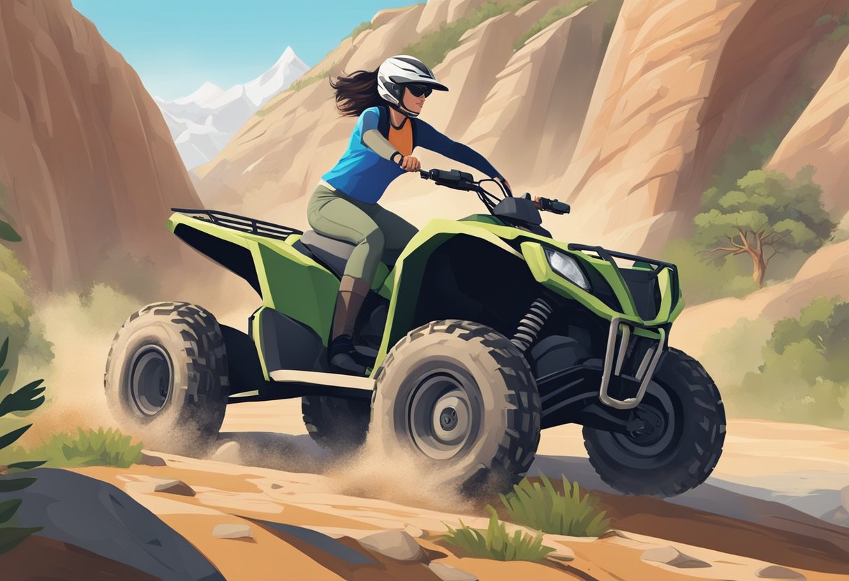 A female rider confidently maneuvers an ATV through rugged terrain, while another woman skillfully navigates a Side by Side vehicle along a challenging off-road trail