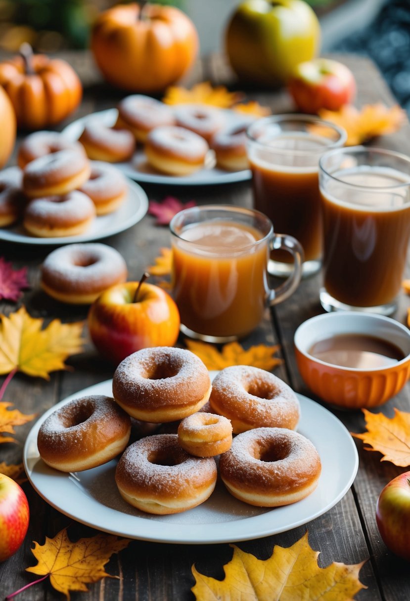 A table filled with apple cider doughnuts, surrounded by autumn leaves and warm drinks at a potluck