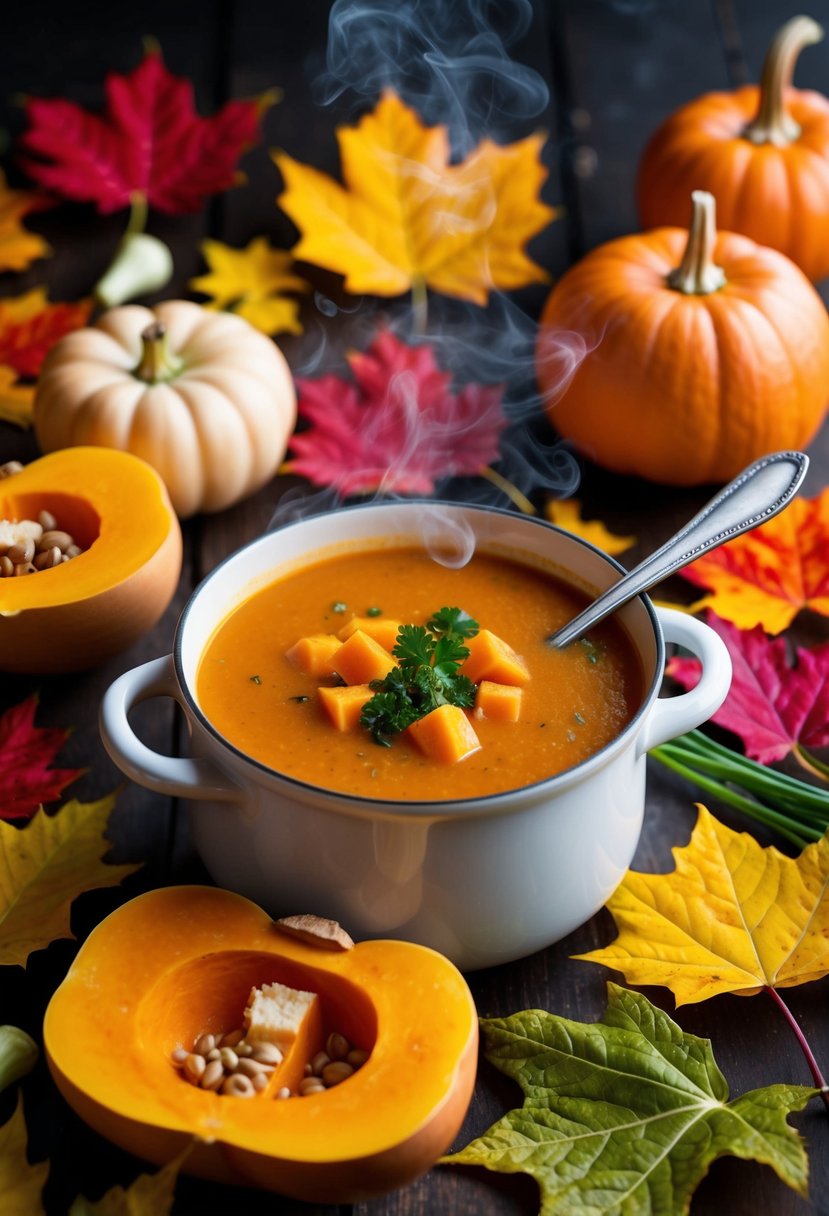 A steaming pot of butternut squash soup surrounded by colorful fall leaves and seasonal vegetables