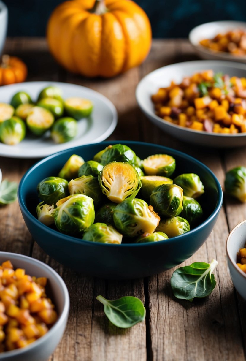 Brussels sprouts coated in maple glaze on a rustic wooden table, surrounded by other fall potluck dishes