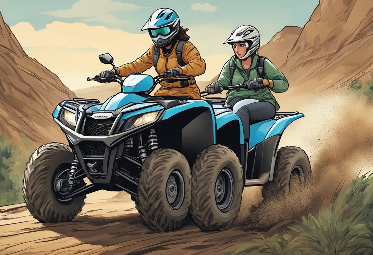 A female ATV rider confidently navigating rough terrain, while a woman handles a Side by Side vehicle with precision and control