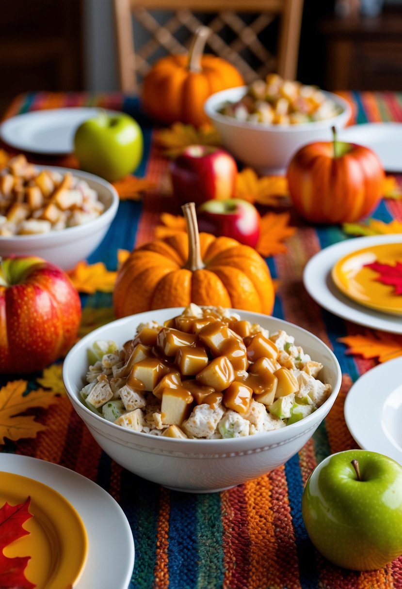 A colorful potluck table displays a caramel apple salad surrounded by autumn decorations