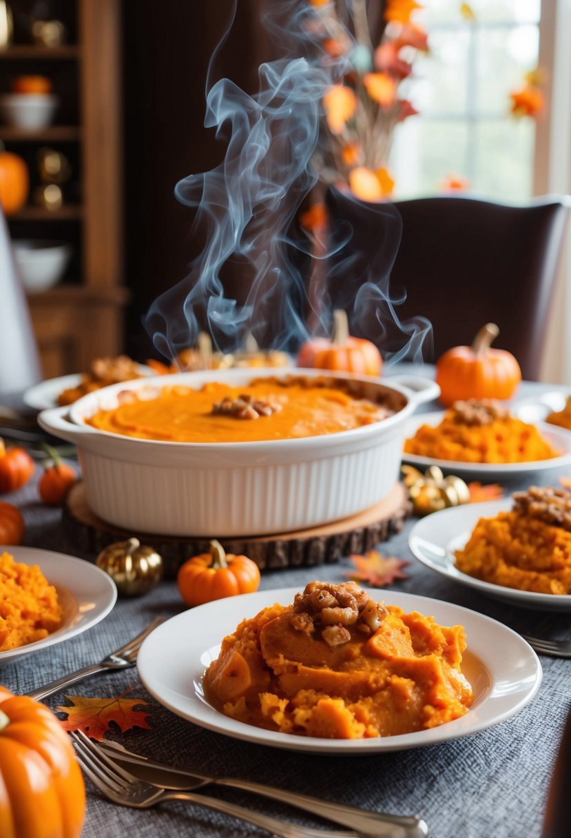 A table set with a steaming sweet potato casserole surrounded by autumn-themed decorations, ready for a potluck gathering