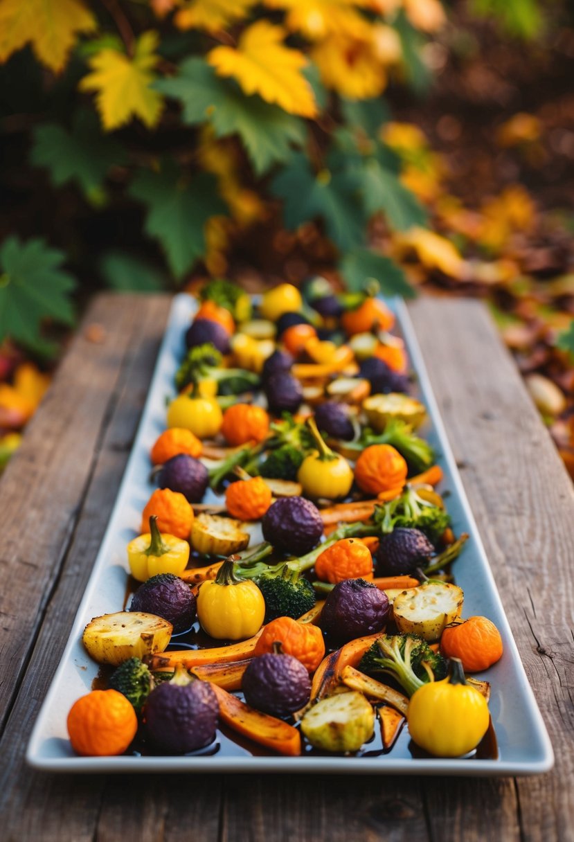 A colorful array of balsamic roasted vegetables spread across a rustic wooden table, surrounded by fall foliage and warm, inviting lighting