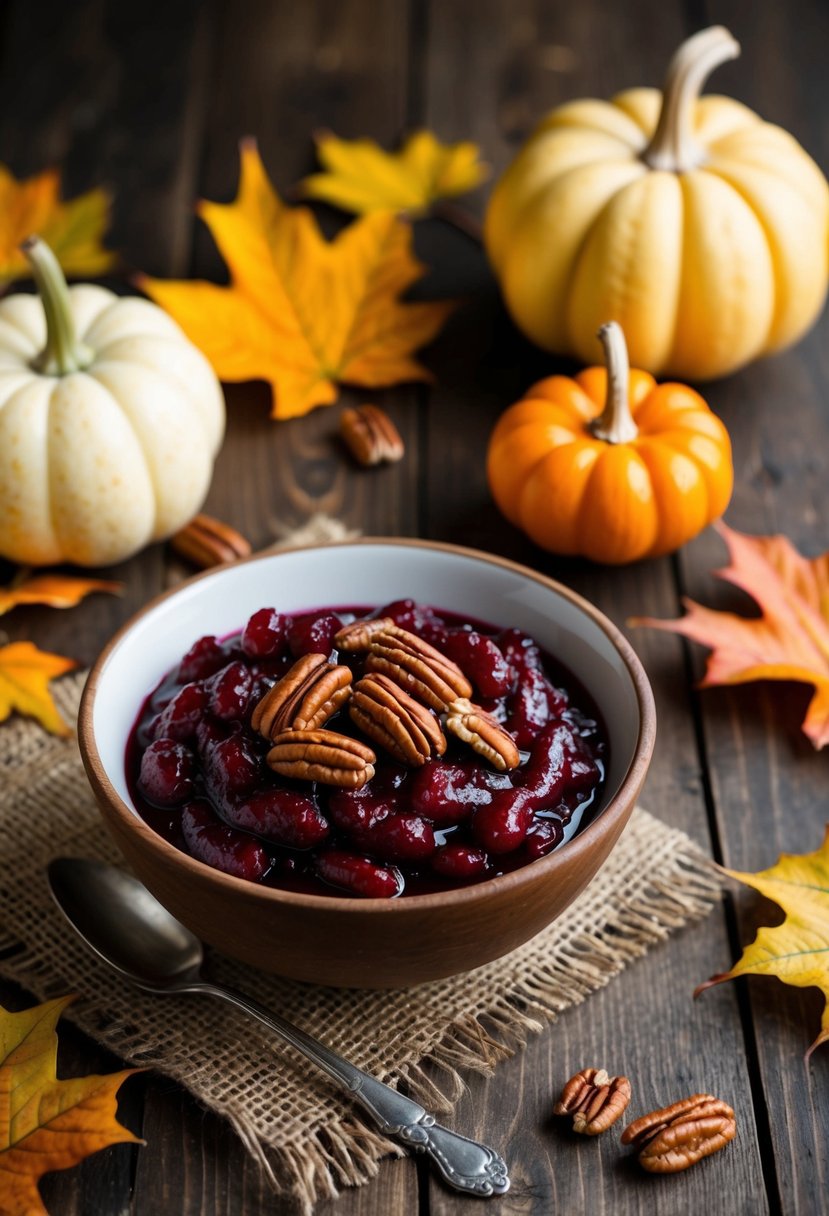 A rustic bowl of cranberry sauce topped with pecans sits on a wooden table, surrounded by autumn leaves and decorative gourds