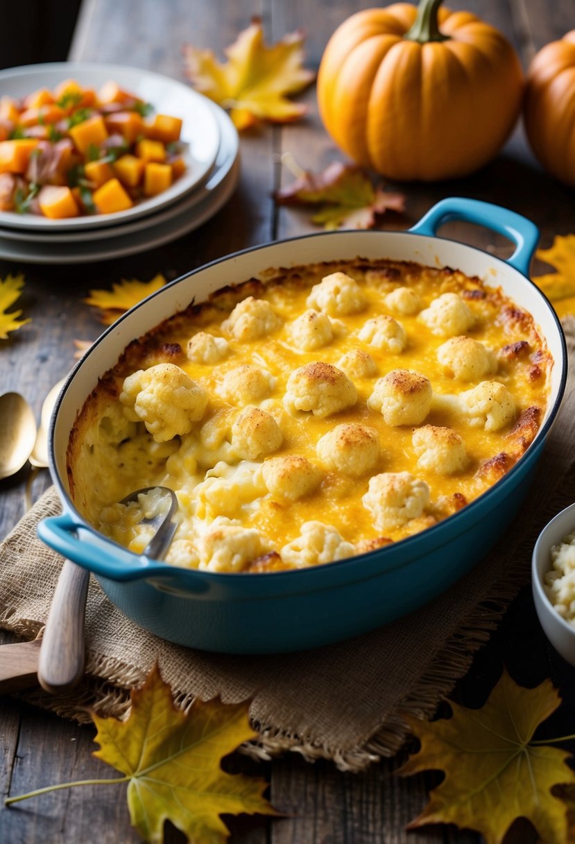 A bubbling dish of Cheesy Cauliflower Gratin sits on a rustic table surrounded by autumn leaves and a potluck spread