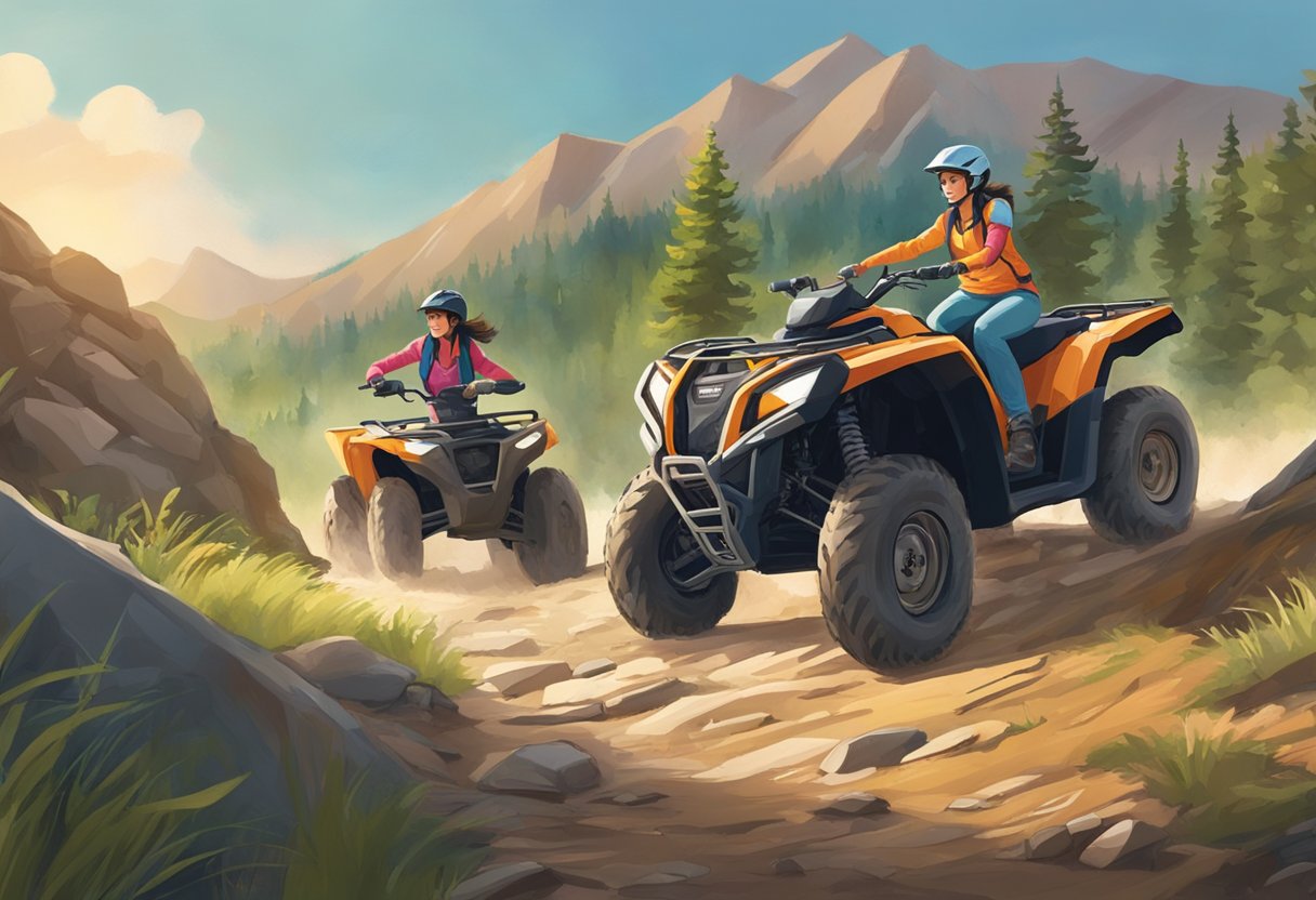 A woman confidently maneuvers an ATV through rugged terrain, while another woman skillfully navigates a Side by Side vehicle on a challenging trail