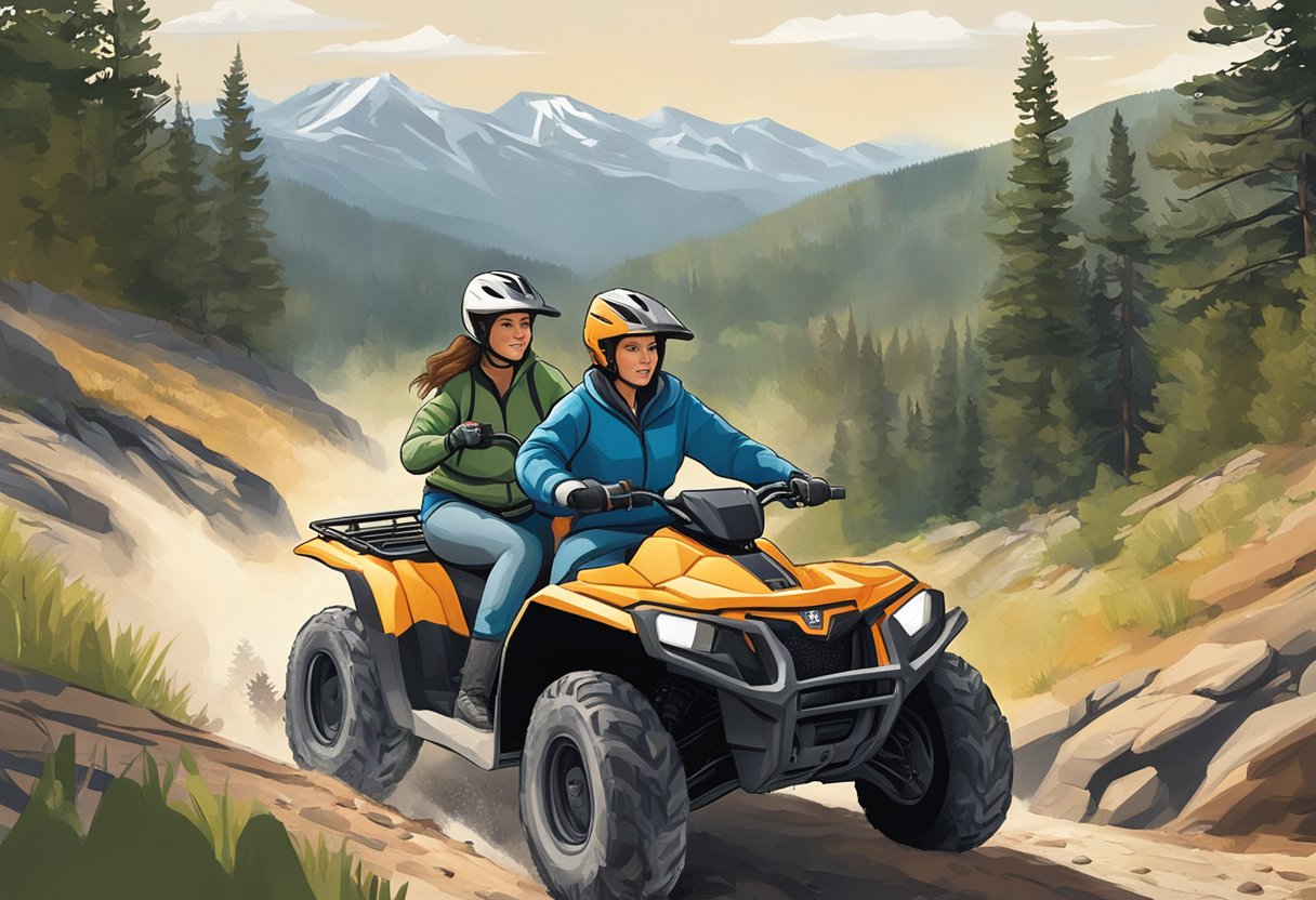 Two women ride ATVs and side by sides through a rugged terrain, demonstrating different techniques