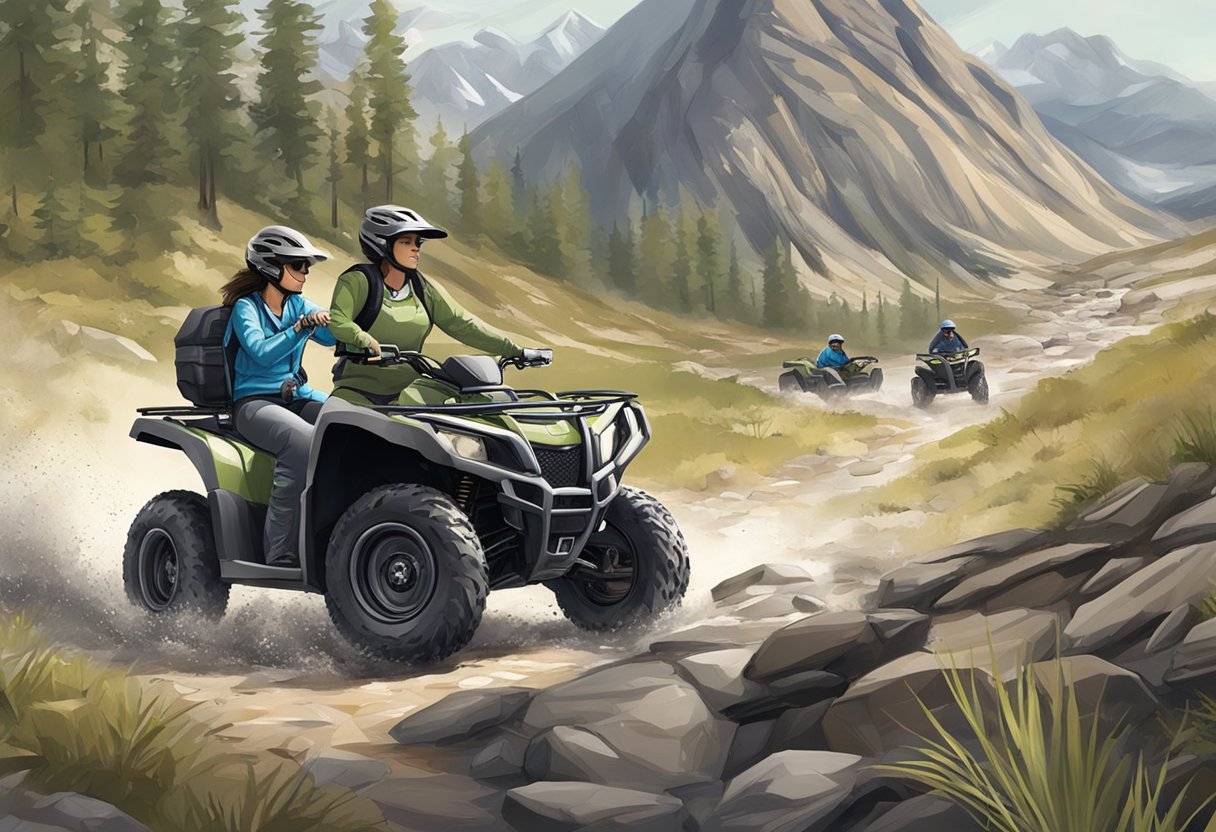 A female ATV rider navigates rugged terrain, while a woman handles a side by side vehicle with precision and control