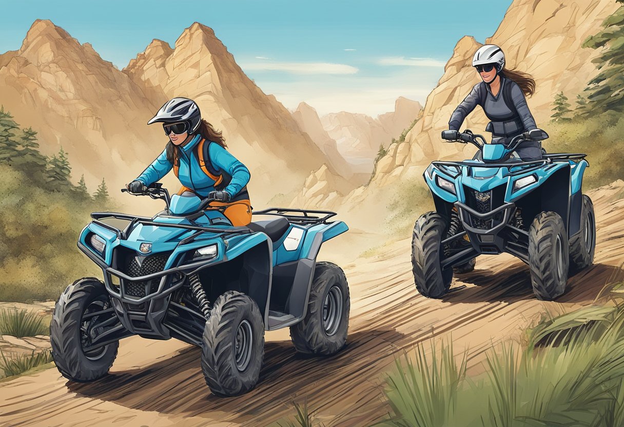 A female ATV rider navigates rough terrain, while a woman handles a side by side vehicle on a variety of surfaces