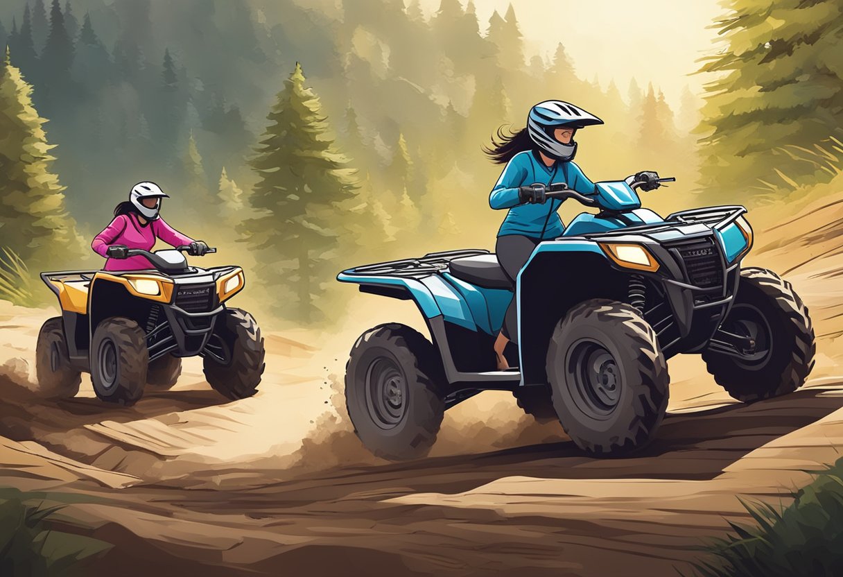 A woman confidently maneuvers an ATV over rough terrain while another woman skillfully handles a side by side vehicle on a challenging off-road course