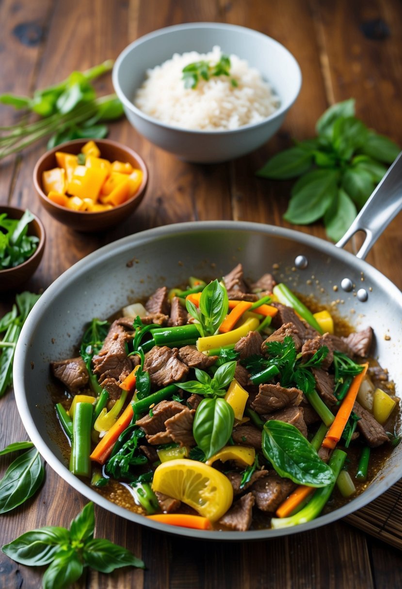 A sizzling pan of Thai basil beef stir-fry with colorful vegetables and fragrant herbs, set on a wooden table with a steaming bowl of rice