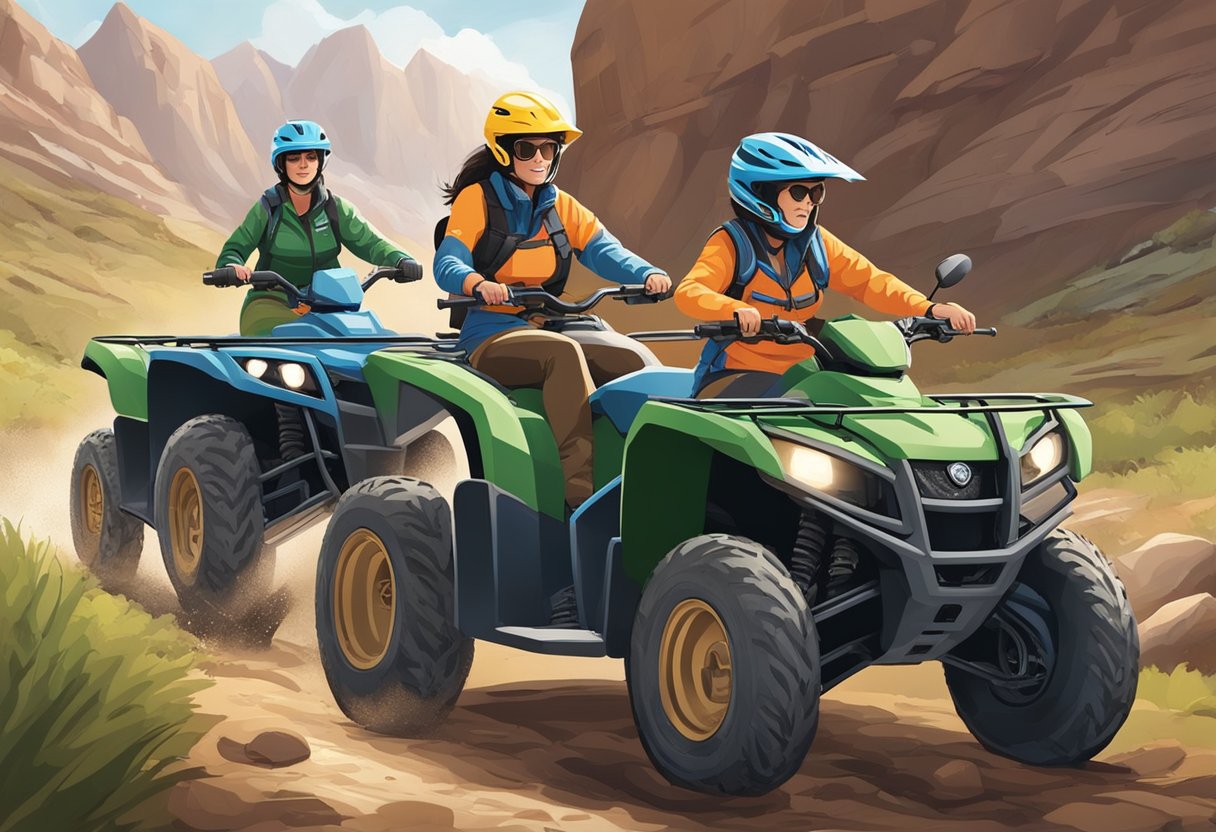 A woman confidently maneuvers an ATV through rugged terrain, while another woman skillfully handles a side by side vehicle on a challenging course