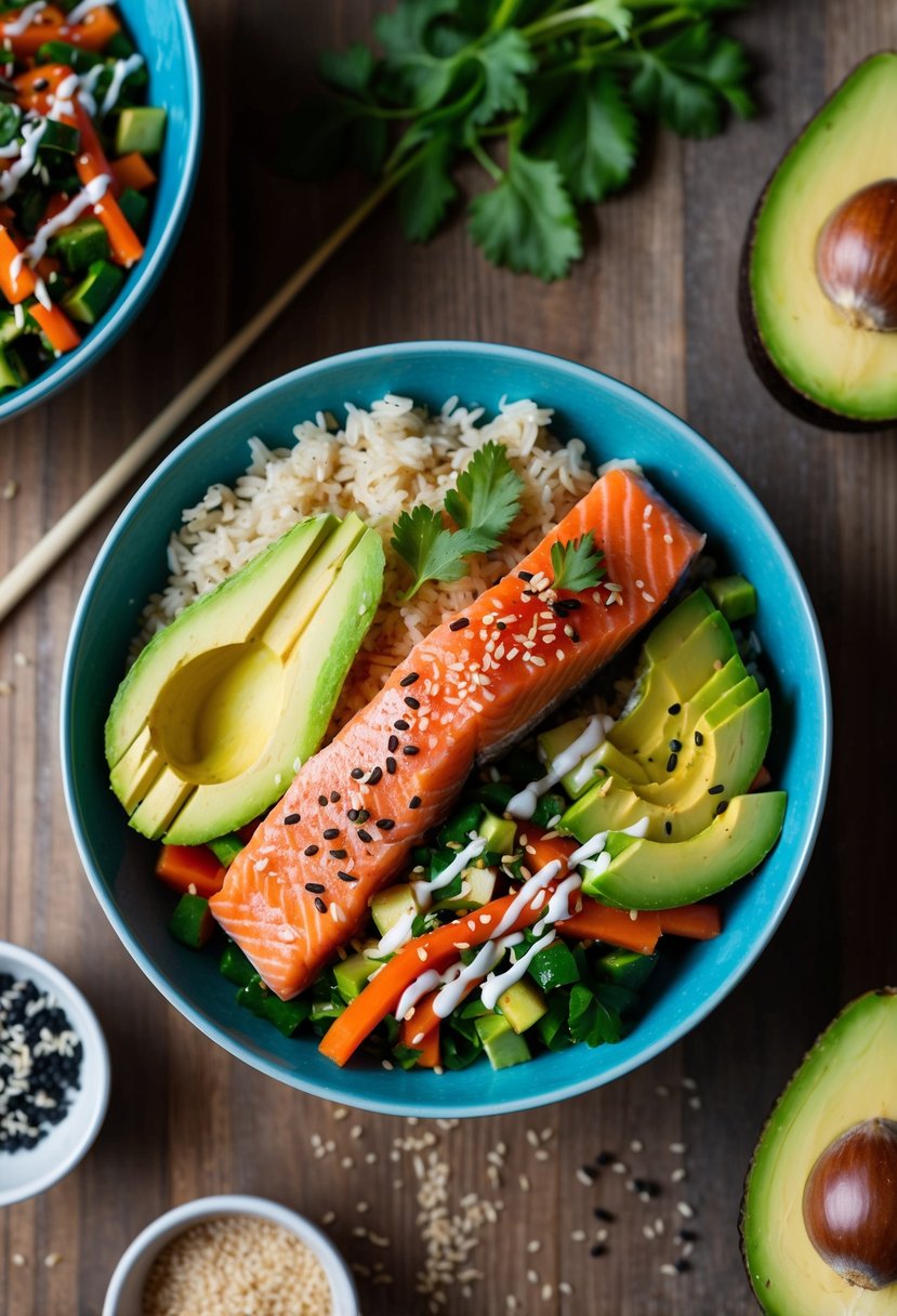 A colorful bowl filled with fresh salmon, avocado, and vegetables, surrounded by ingredients like rice, sesame seeds, and a drizzle of sauce