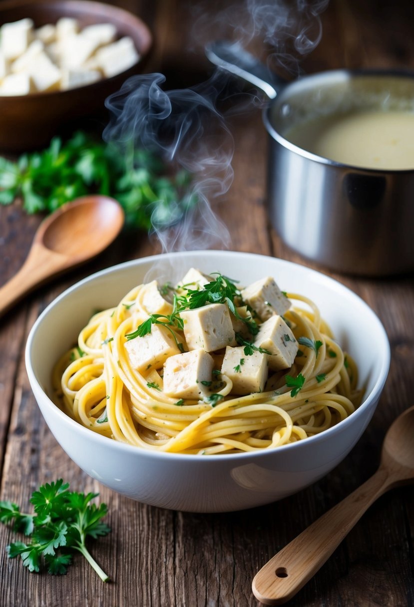 A steaming bowl of pasta with creamy tofu sauce, garnished with fresh herbs, sits on a rustic wooden table. A pot and wooden spoon are nearby