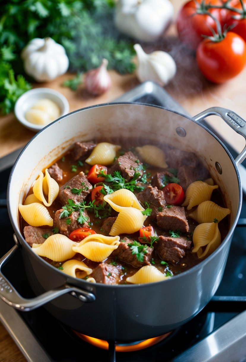 A steaming pot of beef and shell pasta simmering on the stove, surrounded by fresh ingredients like tomatoes, garlic, and herbs