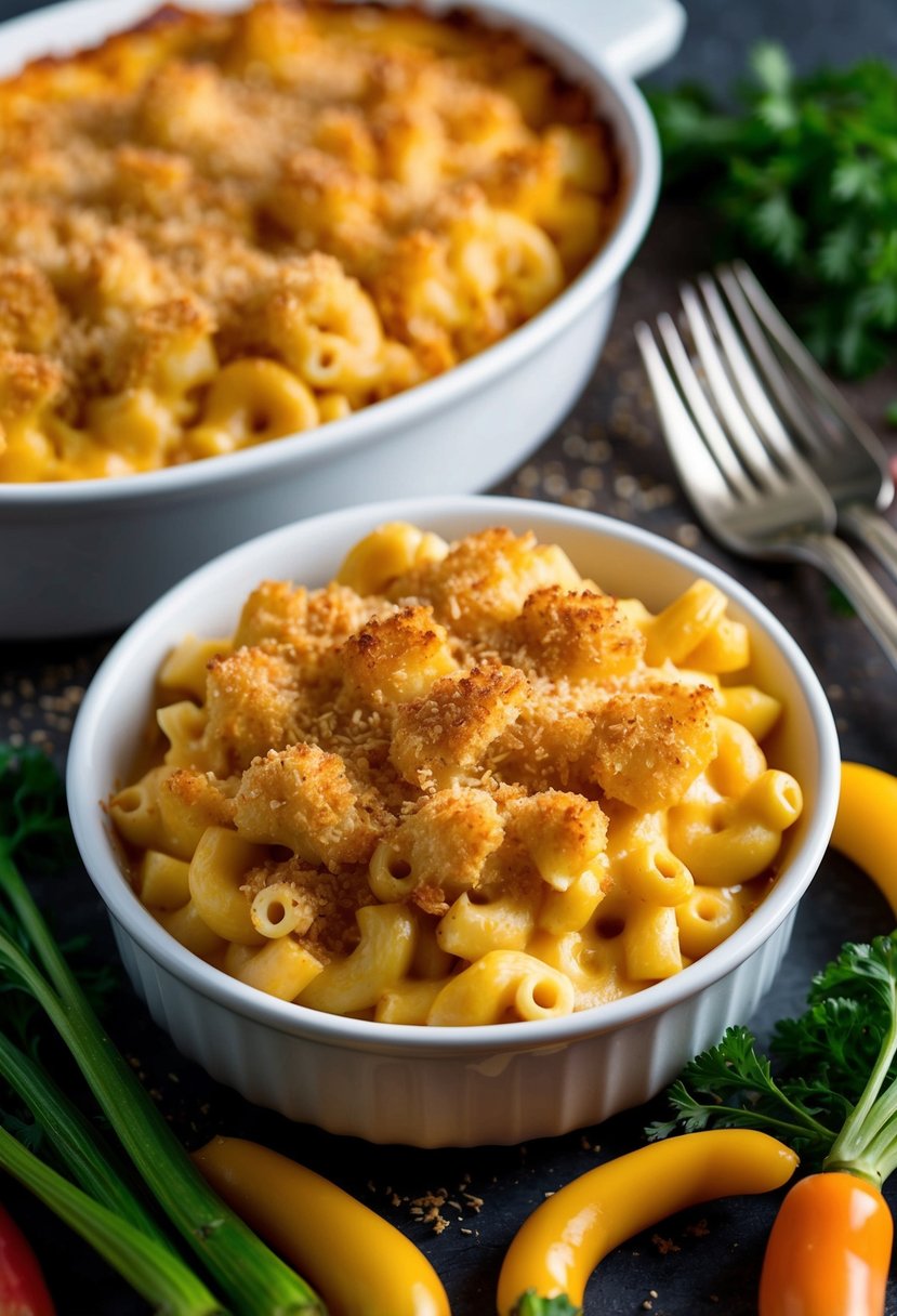 A steaming dish of dairy-free baked mac and cheese, topped with golden breadcrumbs and surrounded by colorful vegetables