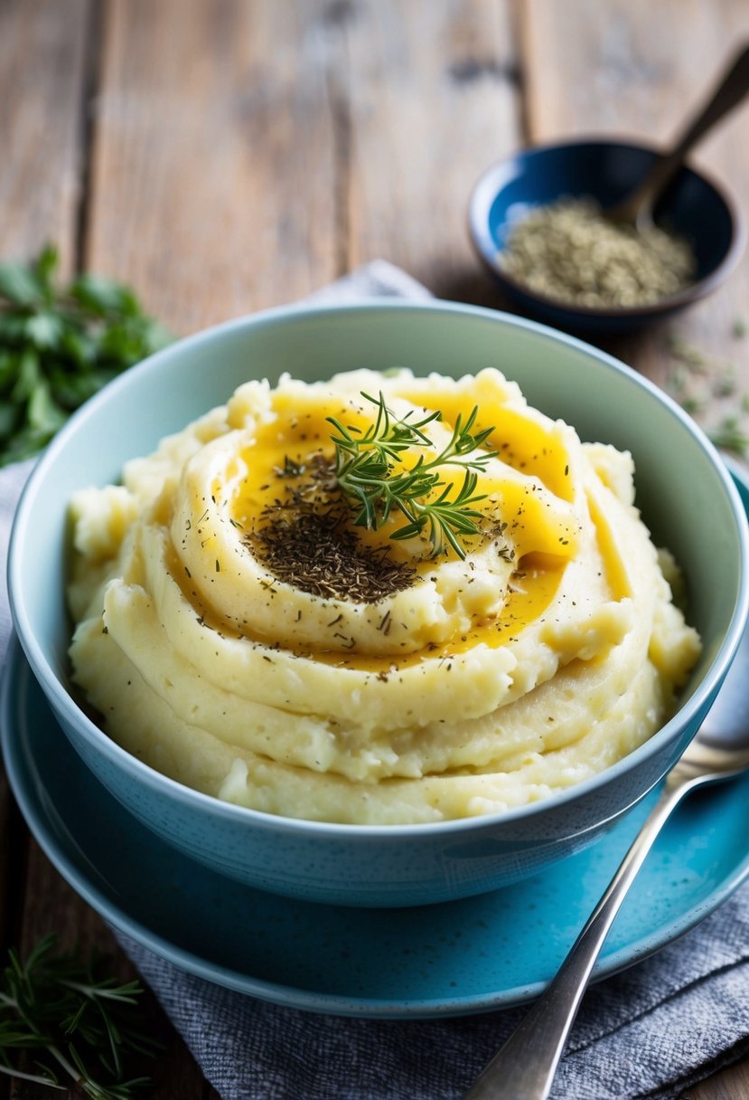 A bowl of creamy mashed potatoes topped with Mediterranean herbs and spices