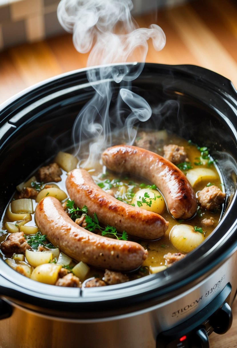 Sausages simmer in a slow cooker surrounded by onions, garlic, and herbs. Steam rises as the savory aroma fills the kitchen