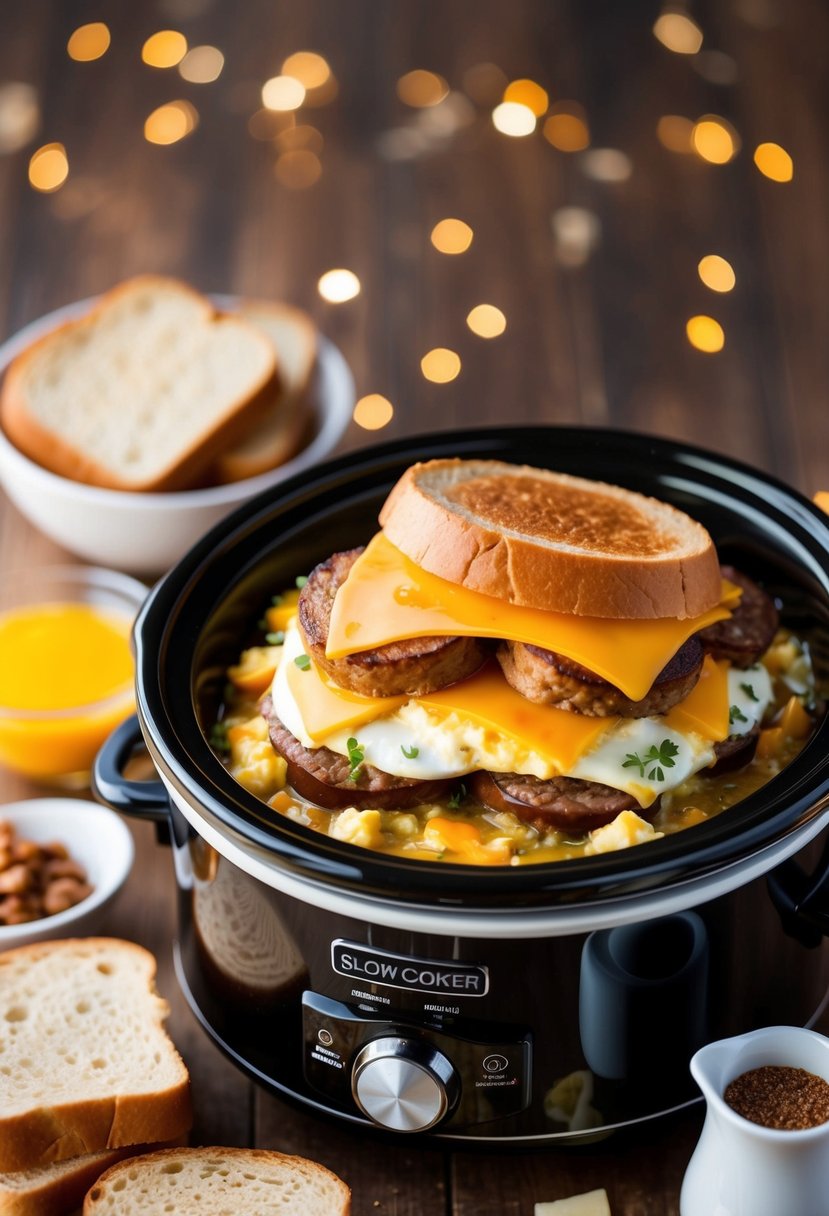 A slow cooker filled with layers of breakfast sausage, eggs, cheese, and bread, surrounded by the warm aroma of classic breakfast flavors