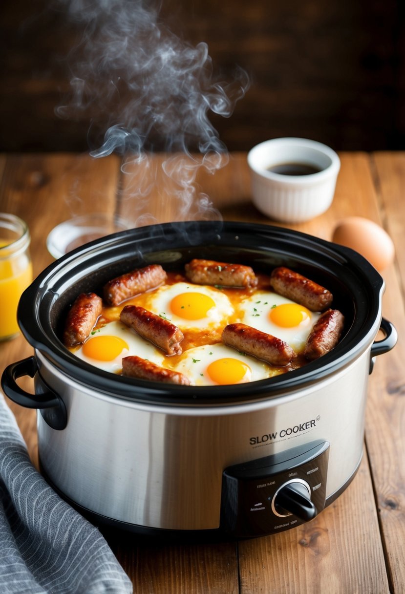 A slow cooker filled with sizzling breakfast sausage and eggs baking, emitting a mouthwatering aroma