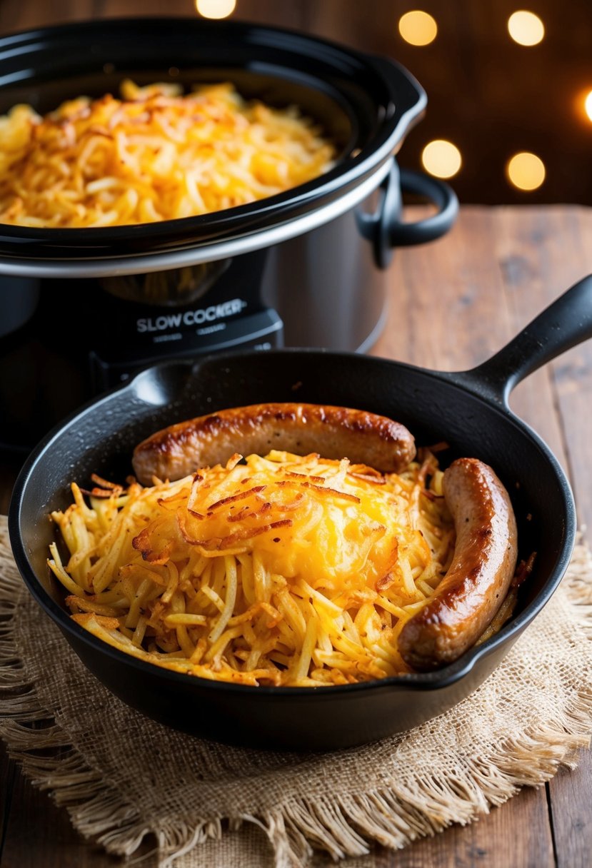 A sizzling skillet holds golden hash browns and savory breakfast sausage, surrounded by the warm glow of a slow cooker