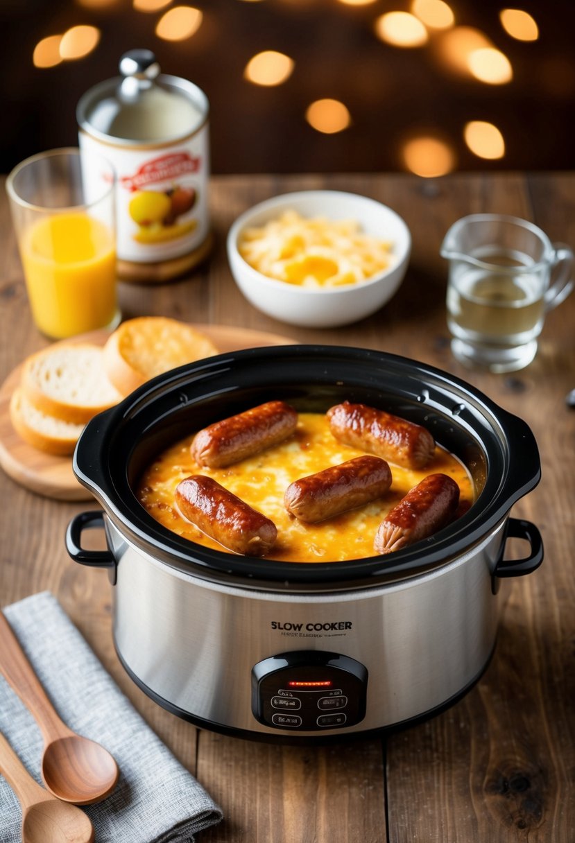 A slow cooker filled with sizzling breakfast sausages and melted cheese