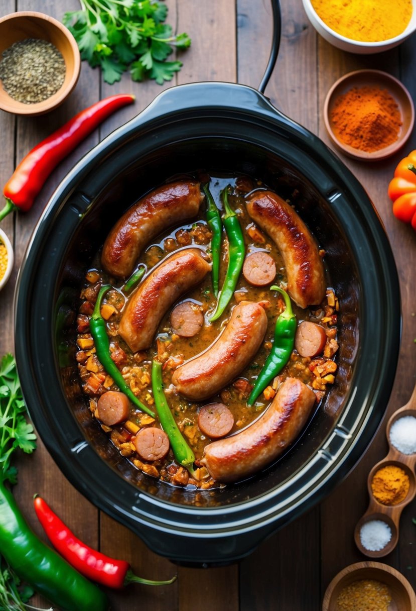 A slow cooker filled with sizzling green chile and sausage breakfast sausage, surrounded by colorful spices and herbs