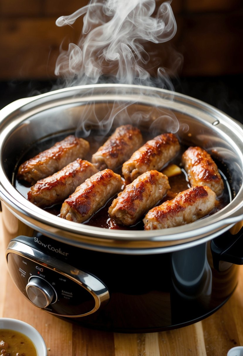 A slow cooker filled with sizzling maple sausage links, surrounded by aromatic steam and a hint of golden brown caramelization