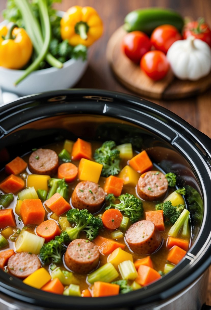 A colorful array of fresh vegetables and savory sausage simmering in a slow cooker